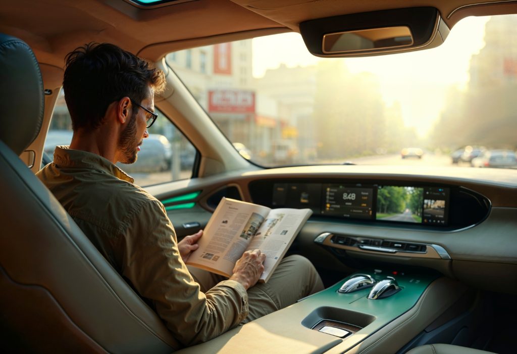 A photo of a man reading in a self driving car